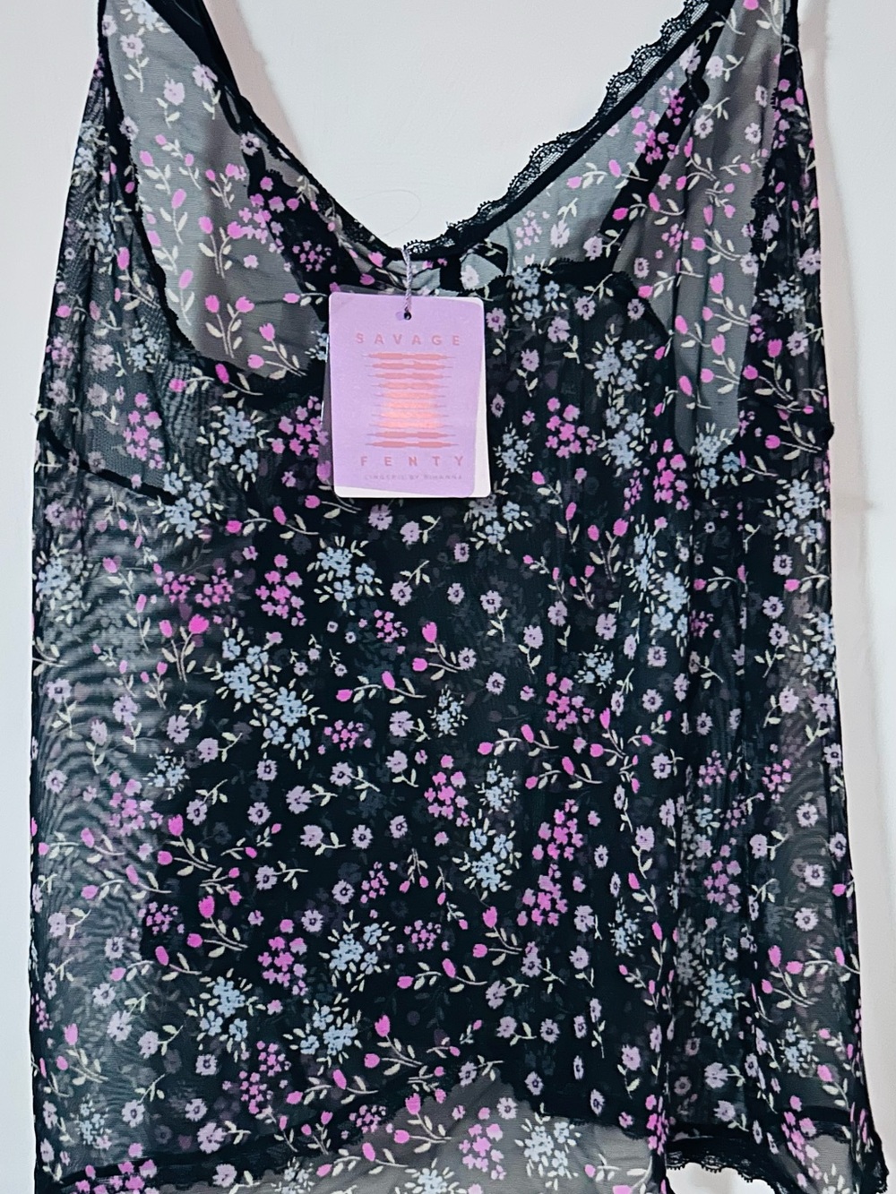 Savage X Fenty Black Satin Chemise with Pink & Purple Floral Print - Picture 2 of 4